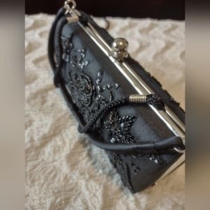 Vintage Satin Sequined Black Clutch/Shoulder Bag w/silver accents & black strap